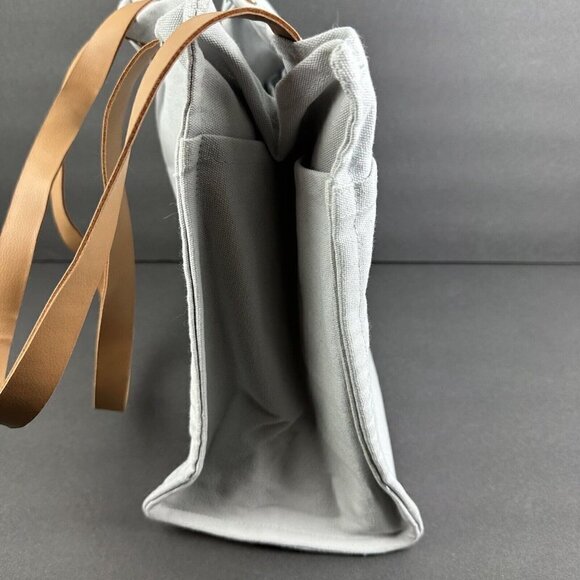 Feed Tote Bag Canvas Glacier Grey Tan Leather Gold Hardware Handbag No Closure - Picture 4 of 12